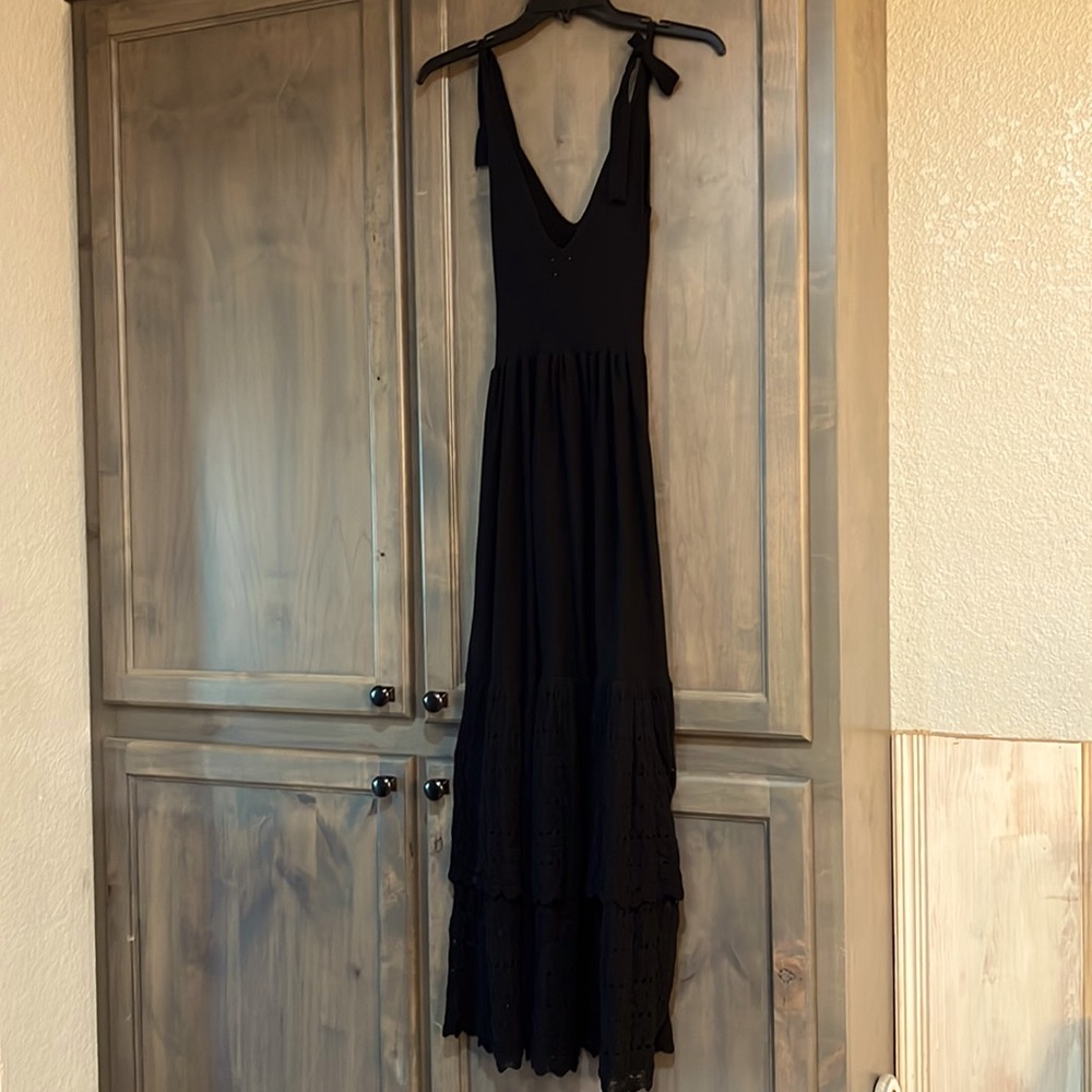 Black long V neck dress lace bottom